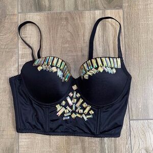 Bebe Corset Bra Womens Small Black Jeweled Satin Long Line Bustier Lingerie Top